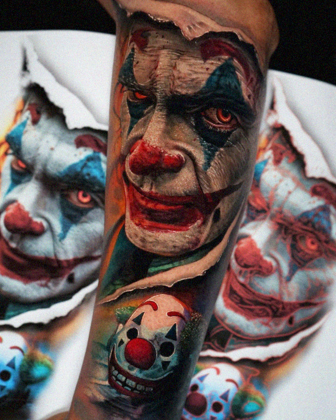 Sinister Clown Faces Tattoo Intrigue