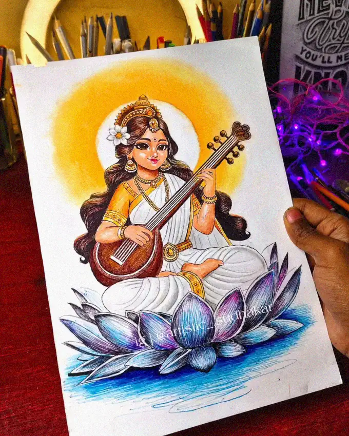 Saraswati's Serenade amidst Artistic Blooms
