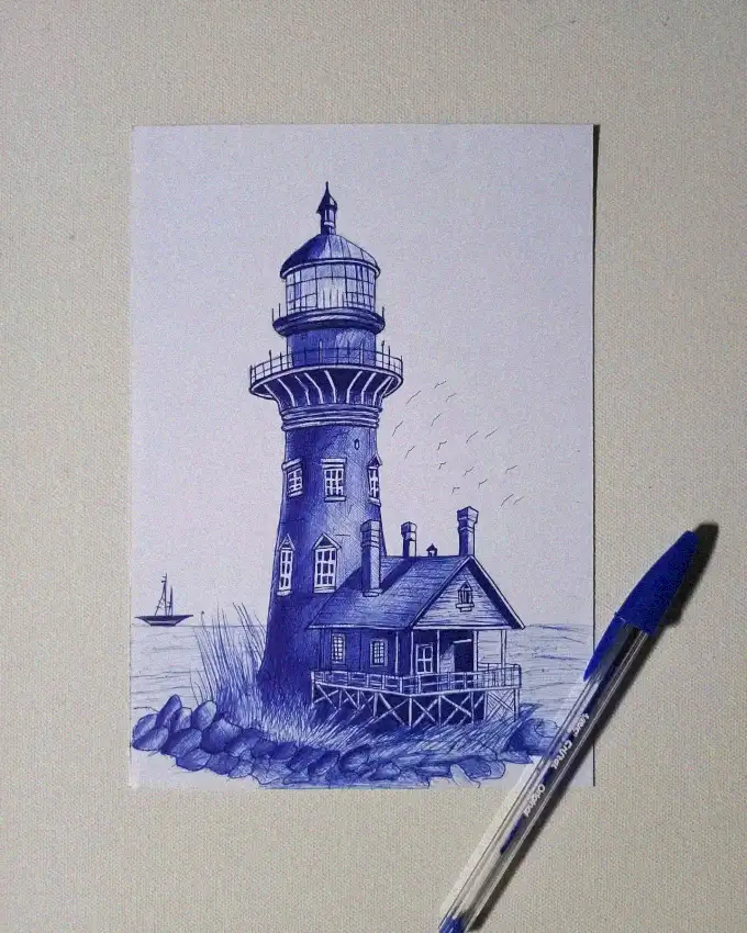 Lighthouse Haven amidst Sailing Ships and Birds