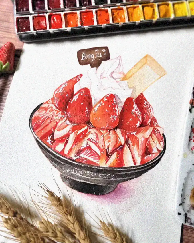 Watercolors of Sweet Strawberry Bingsu Delight