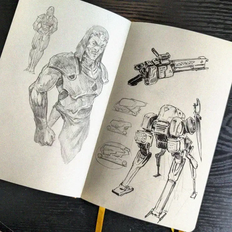 Superhero Sketches Amidst Future Tech