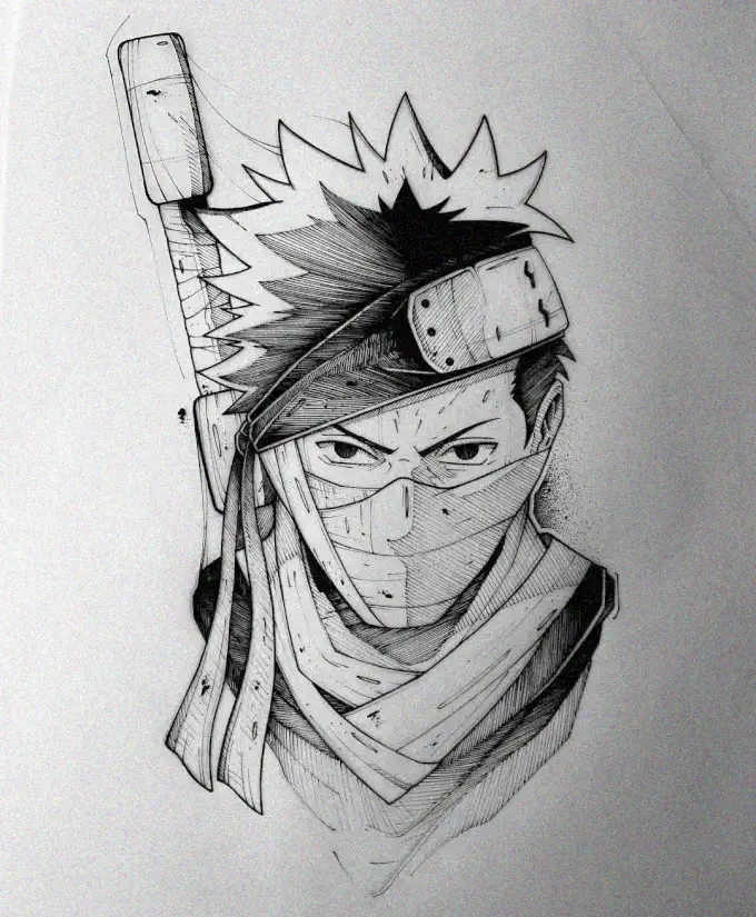 Serious Anime Warrior in Monochrome Sketch