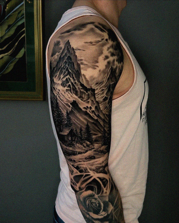 Mountain and Rose Tattoo Artistry Display