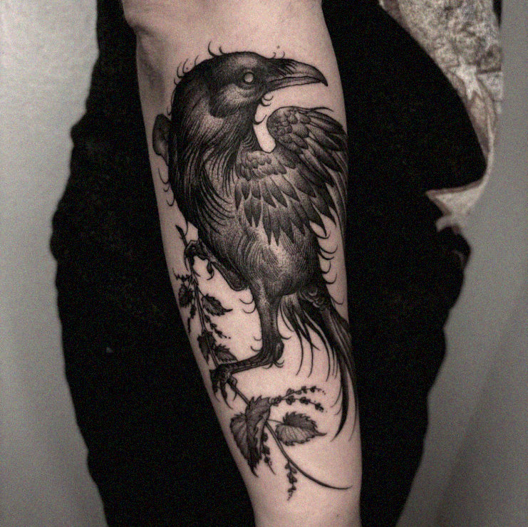 Complex Crow Tattoo Enhanced by Foliage