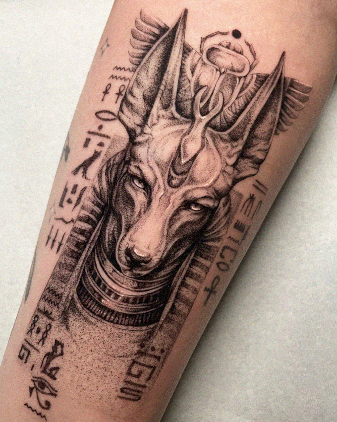 Anubis Tattoo Enshrined in Egyptian Hieroglyphs