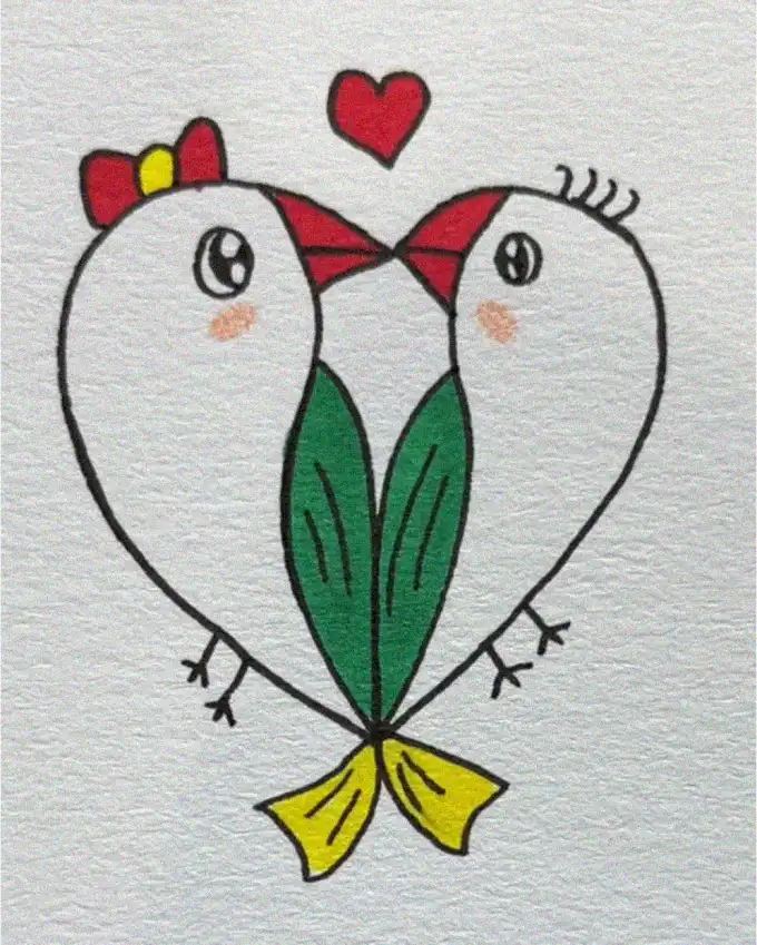Symmetrical Lovebirds with Heart Above