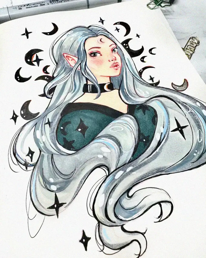 Silver Haired Elf under Starlit Moons
