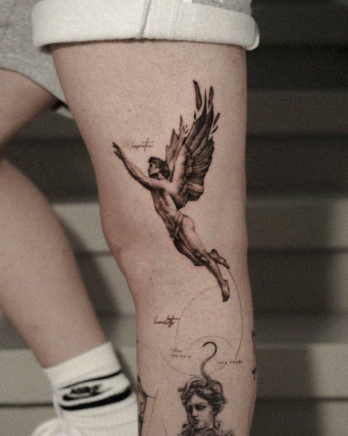 Angel Whisper: Classical Figures Tattooed in Monochrome