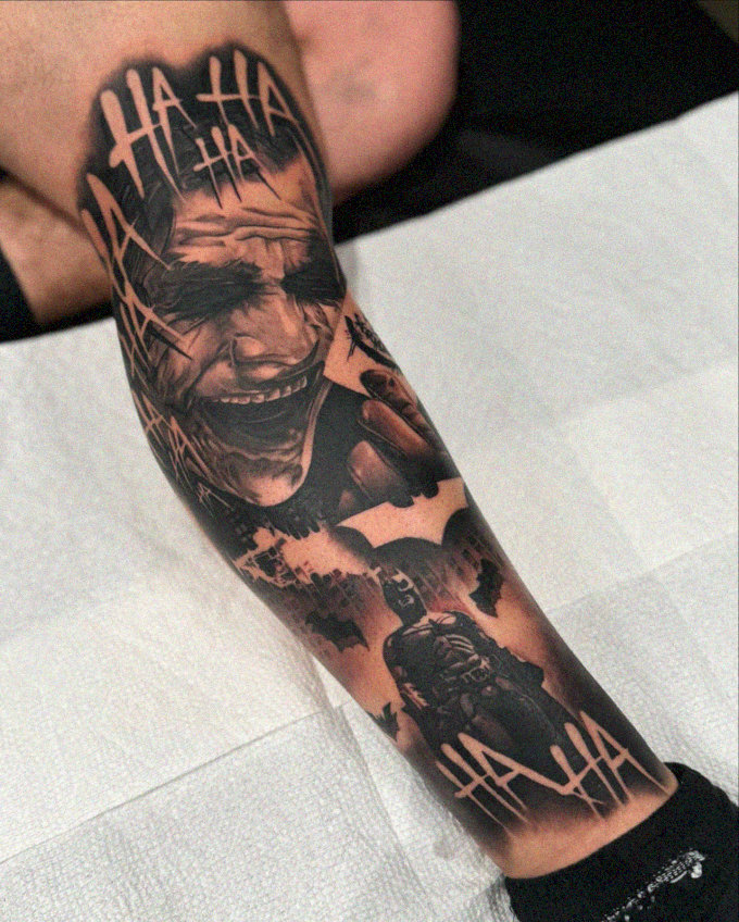 Joker Tattoo Amidst a Cityscape