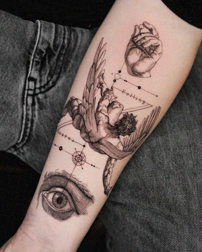 Inked Vision Amidst Blossoms and Geometry