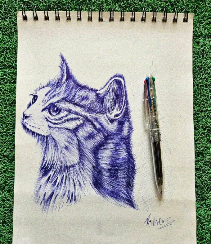Sketched Feline Whimsy on Green Texture