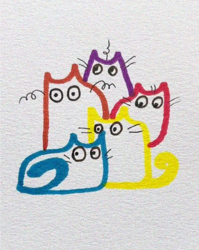 Whimsical Stacked Cats in Vibrant Hues