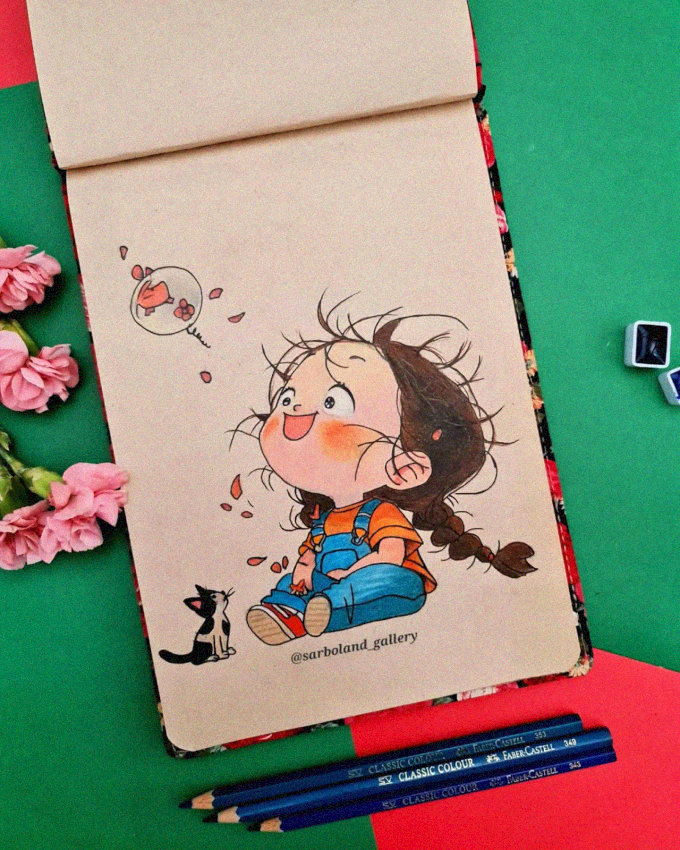 Whimsical Sketchbook Doodles of Girl and Cat