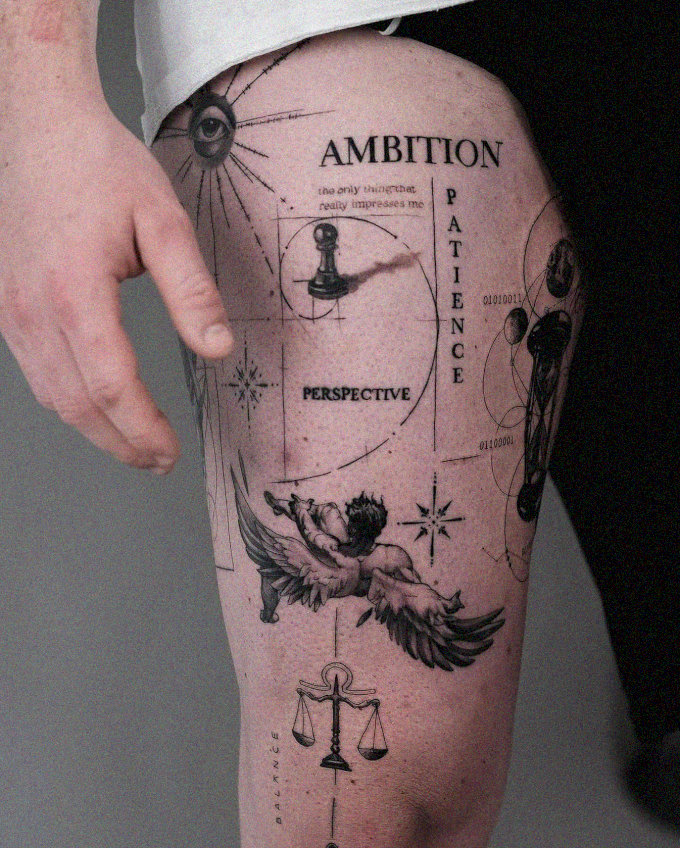 Unfolding Narrative: A Thematic Thigh Tattoo