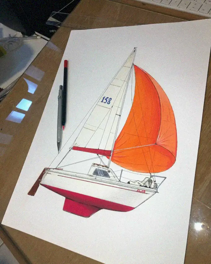 Sailboat Sketch Amid Writing Tools