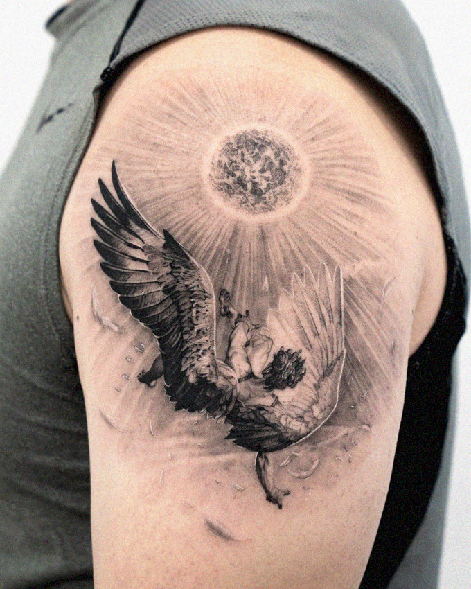 Angelic Sentinel Tattoo Beneath Cosmic Light
