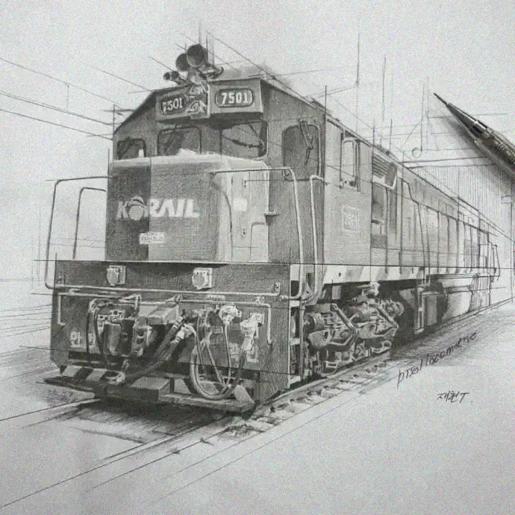 Sketched Korail Locomotive at the Station