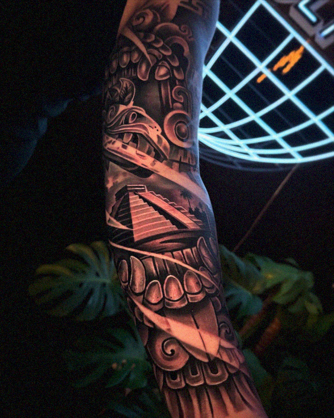 Neon Illumination of Mesoamerican Ink Masterpiece