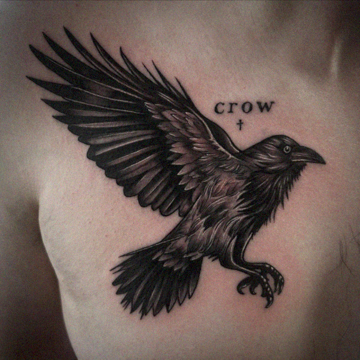 Crow Flight Tattoo with Symbolic Cross