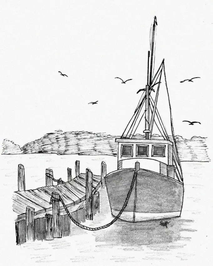 Seagulls Over Docked Fishing Vessel