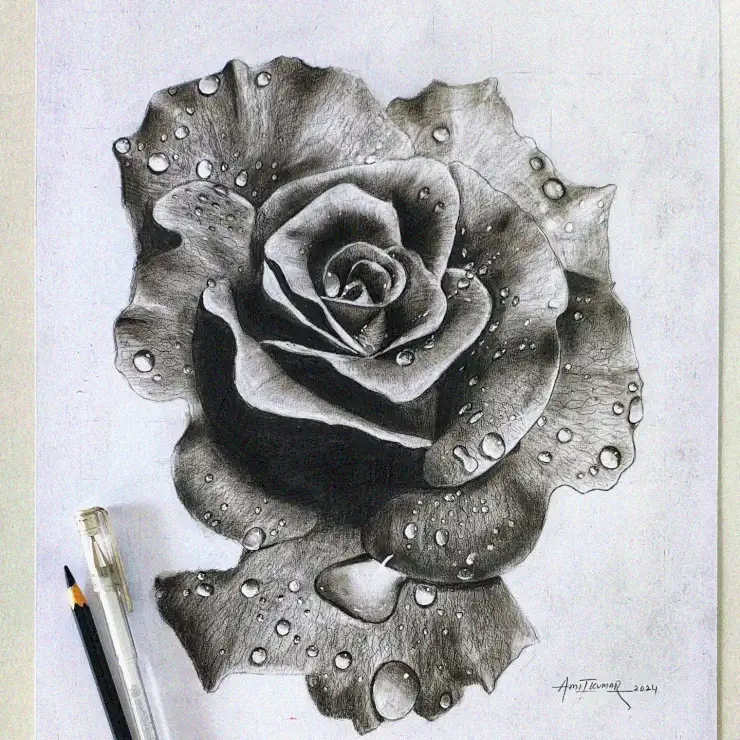 Dew-Kissed Monochrome Rose Sketch