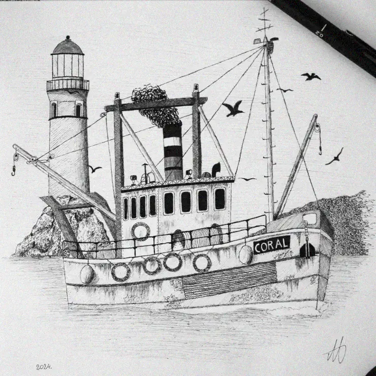 Sketched Seaside with the CORAL Fishing Boat