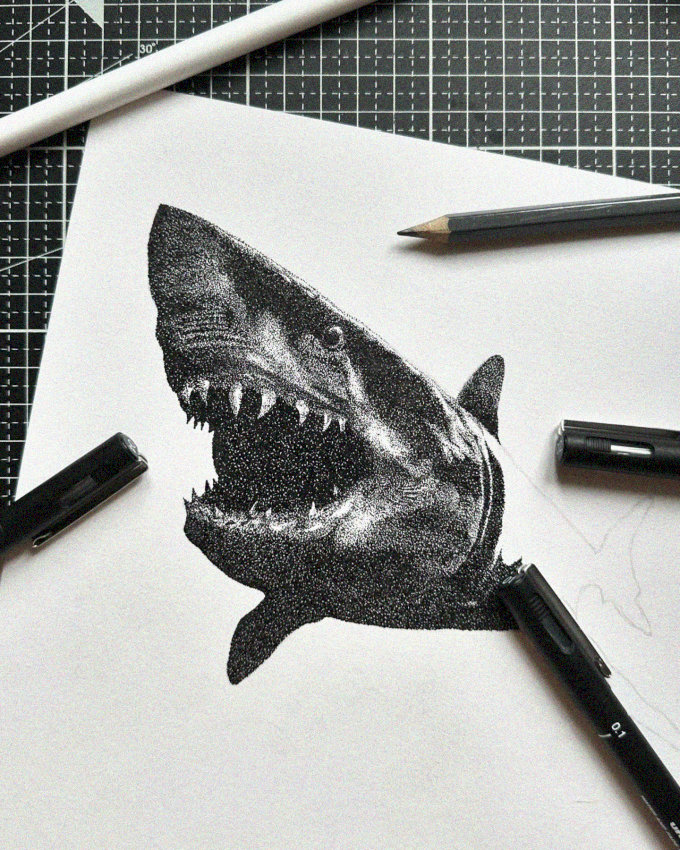 Dotwork Shark Illustration and Artist's Tools