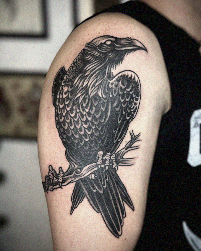Raven Perch Tattoo on Upper Arm