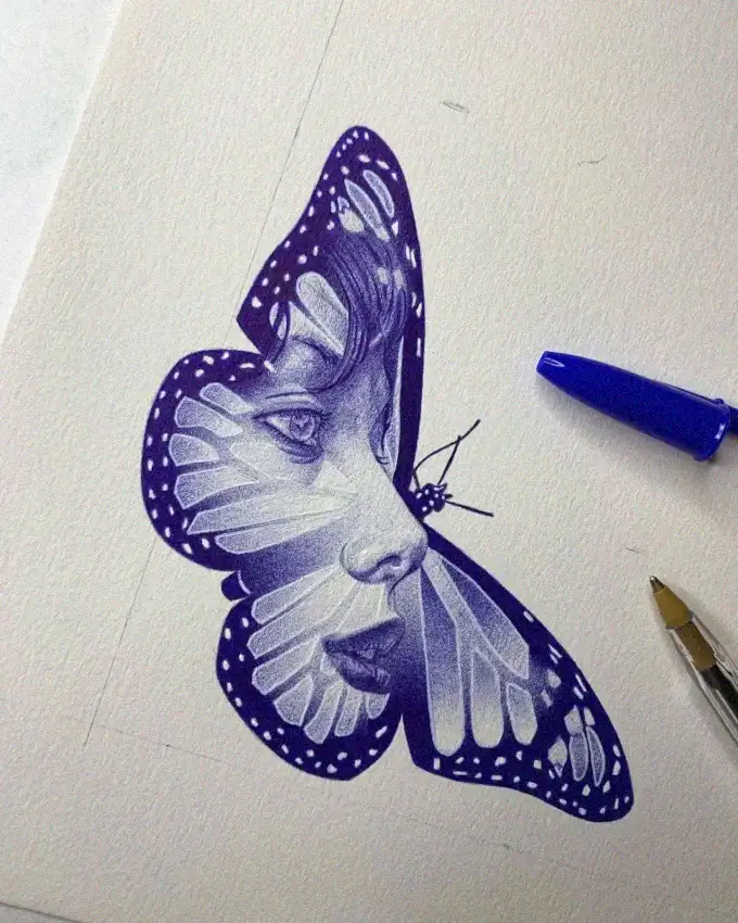 Butterfly Portrait in Blue Ink