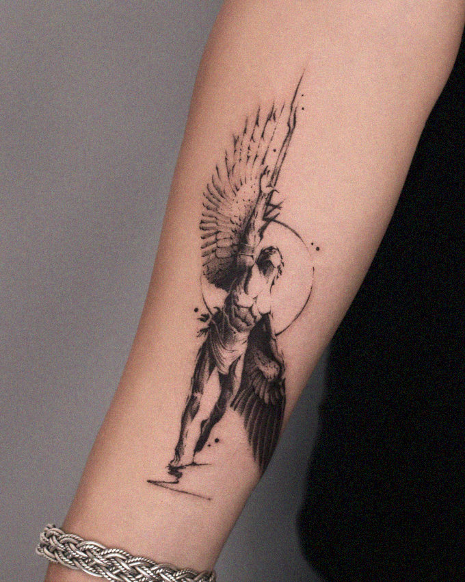 Guardian Angel Tattoo in Monochrome Ink