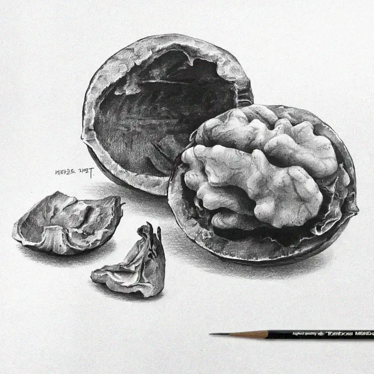 Detailed Walnut Portrayal in Pencil
