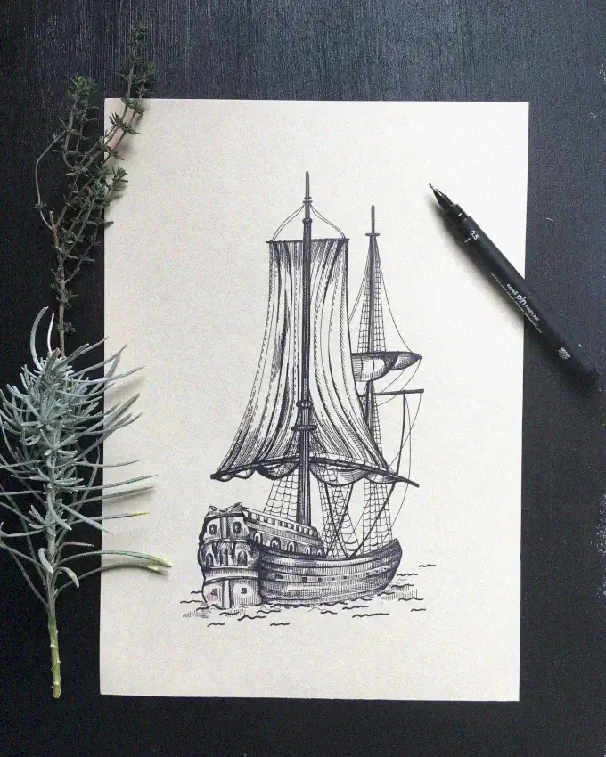 Sailing Ship Ink Sketch Amidst Foliage