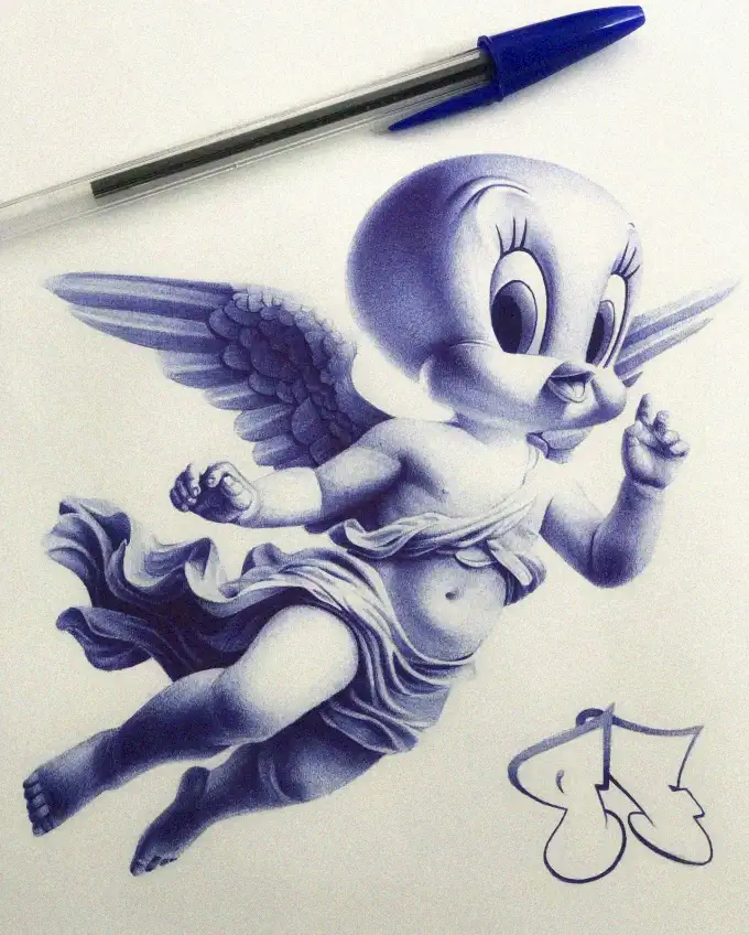Angelic Figure Sketched in Blue Ink