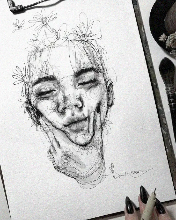 Artful Blossoms on a Serene Visage