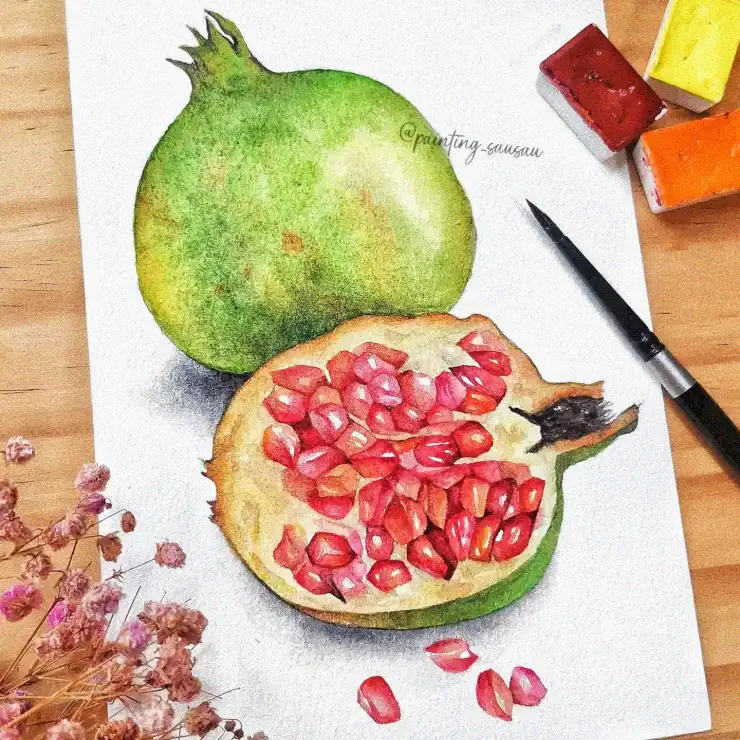 Pomegranates in Rich Watercolor Renderings