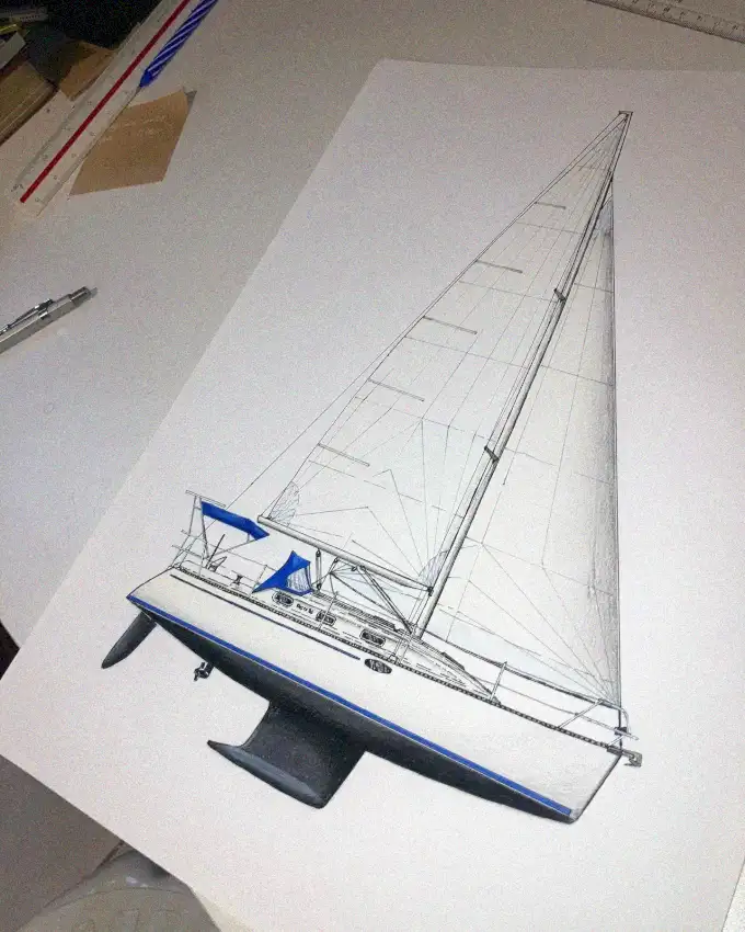 Drafting Detailed Sailboat On Tilted Board