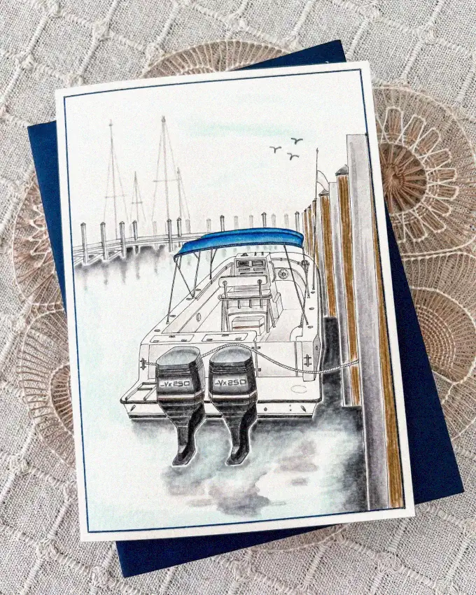Docked Motorboat Sketch on Greeting Card