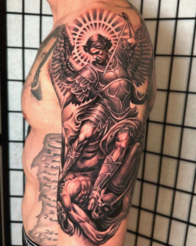 Armored Angel Tattoo in Monochrome
