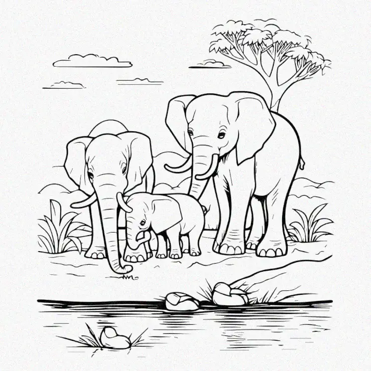 Elephant Family Basking by the Lake
