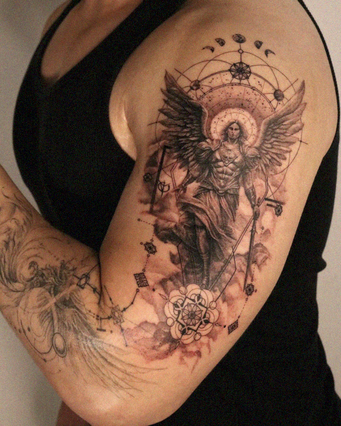 Angel Tattoo Amidst Celestial Geometry