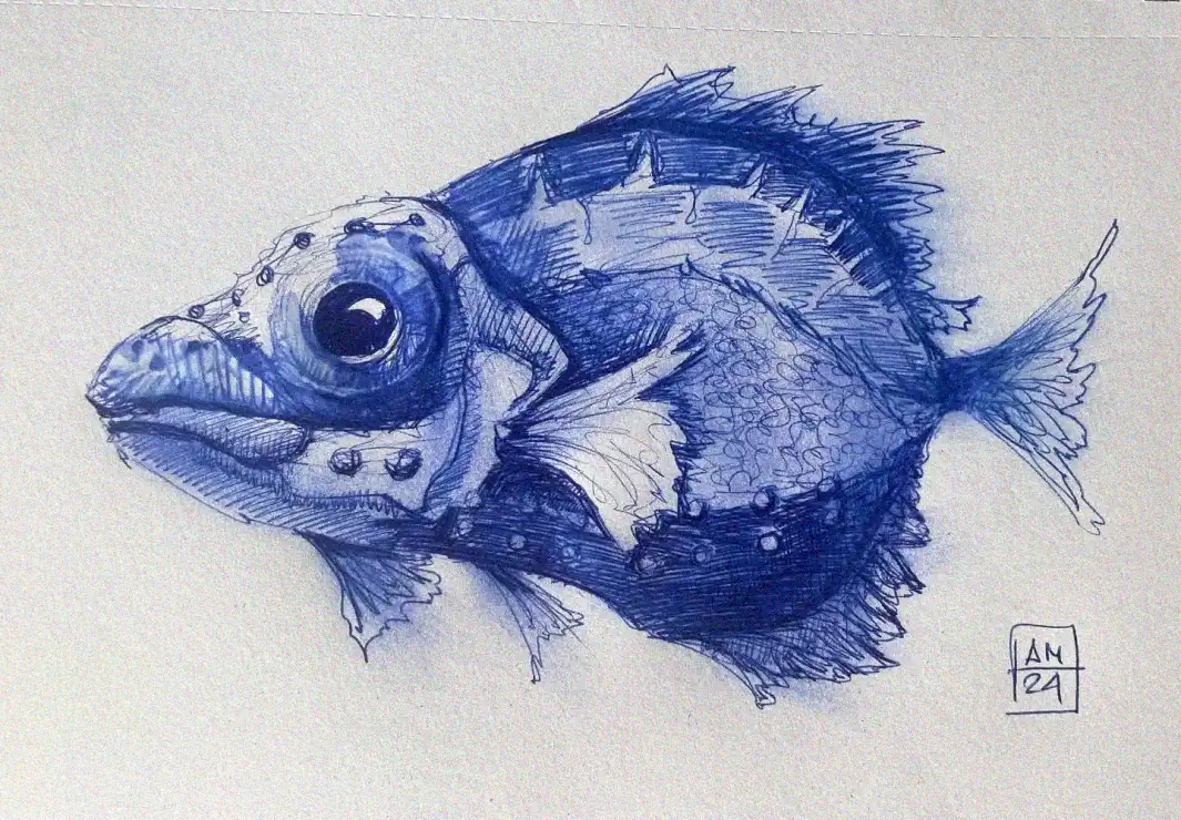 Blue Ink Fish with Intricate Details