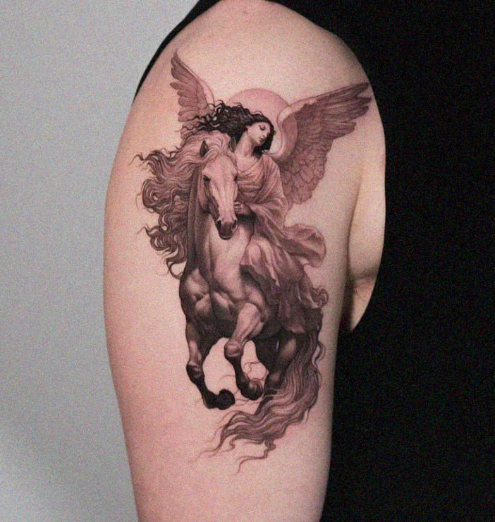 Winged Angel in Equestrian Flight Tattoo