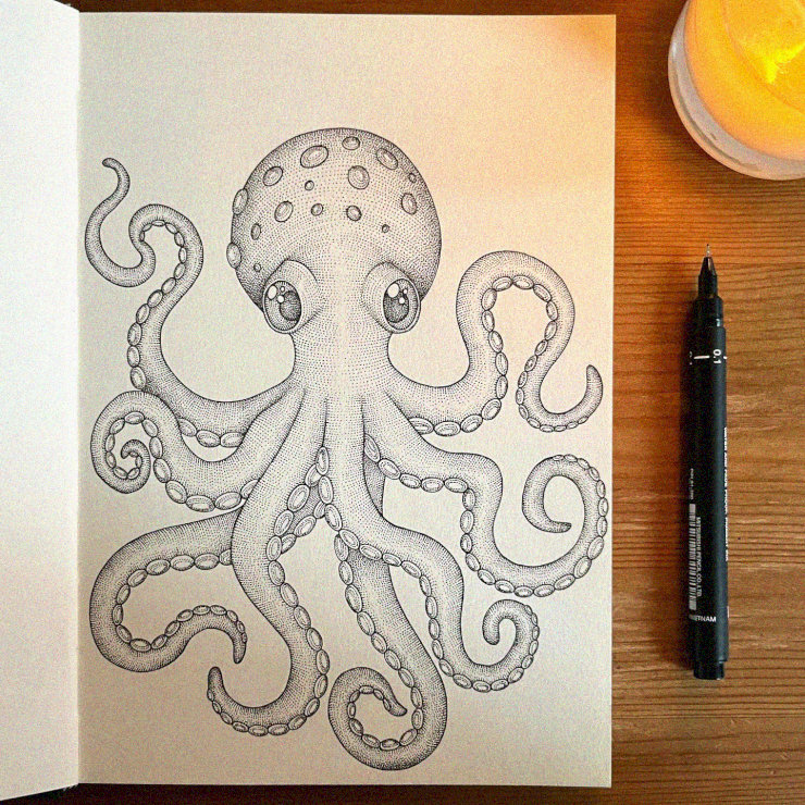 Intricate Octopus Sketch by Candlelight