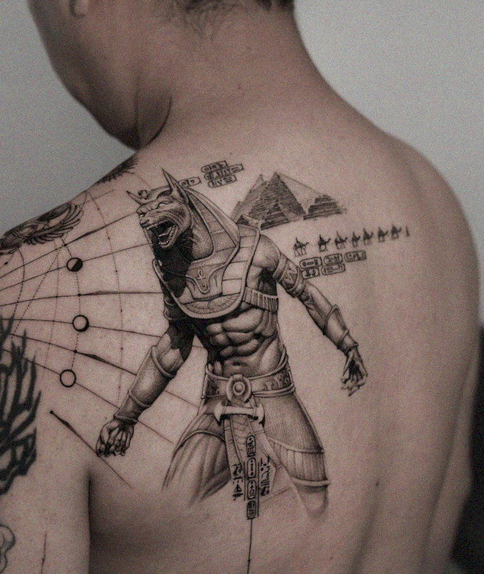 Anubis Warrior Tattoo in Monochrome Ink