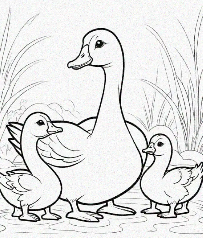 Mother Duck and Ducklings Among Reeds