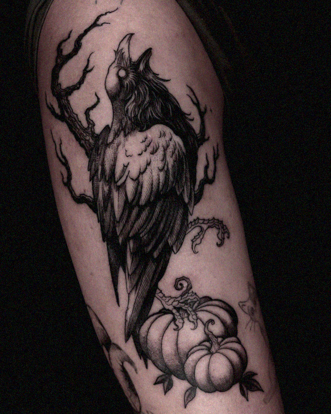 Detailed Raven and Pumpkin Arm Tattoo