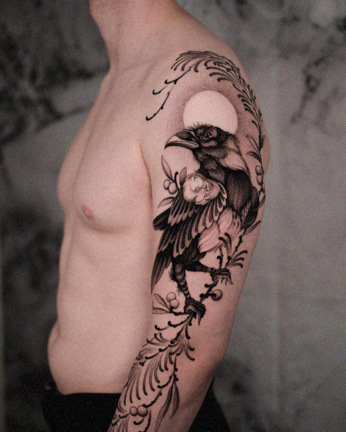 Crescent Moon Crow Tattoo Embrace