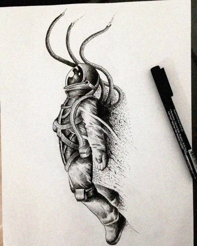 Astronaut Ascending in Pen Sketch