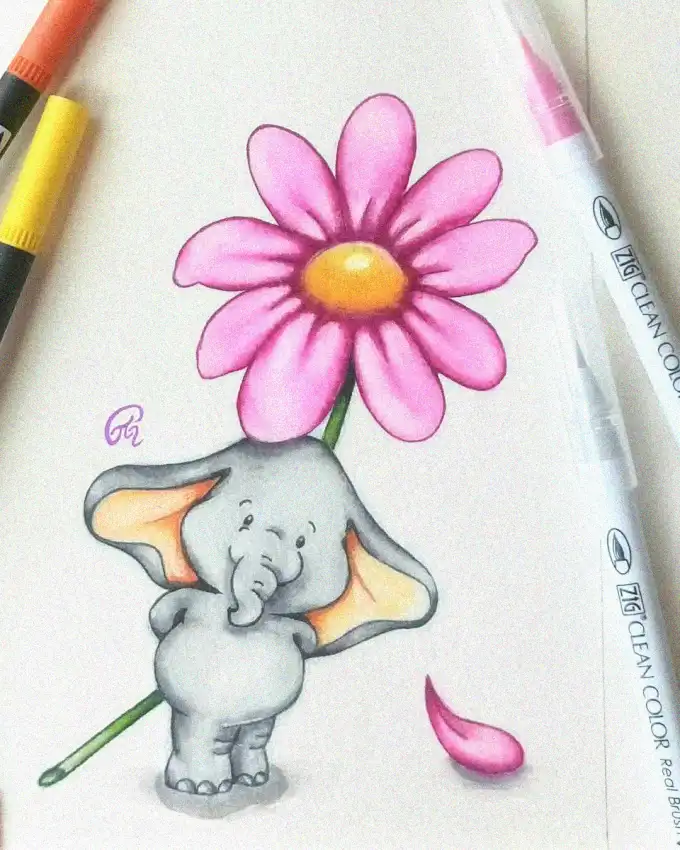 Elephant's Joyful Display with Pink Blossom