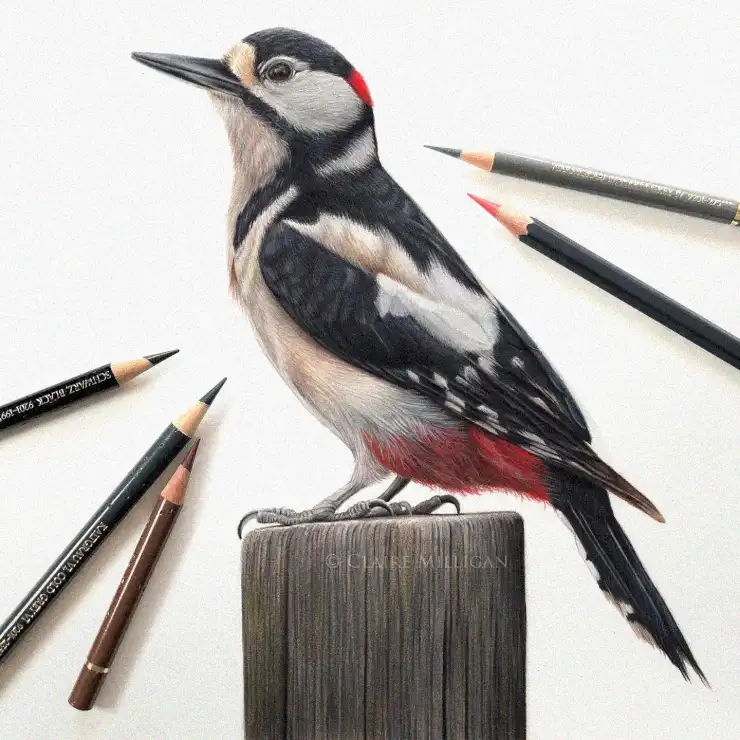 Woodpecker Sketch Amidst Artist's Tools